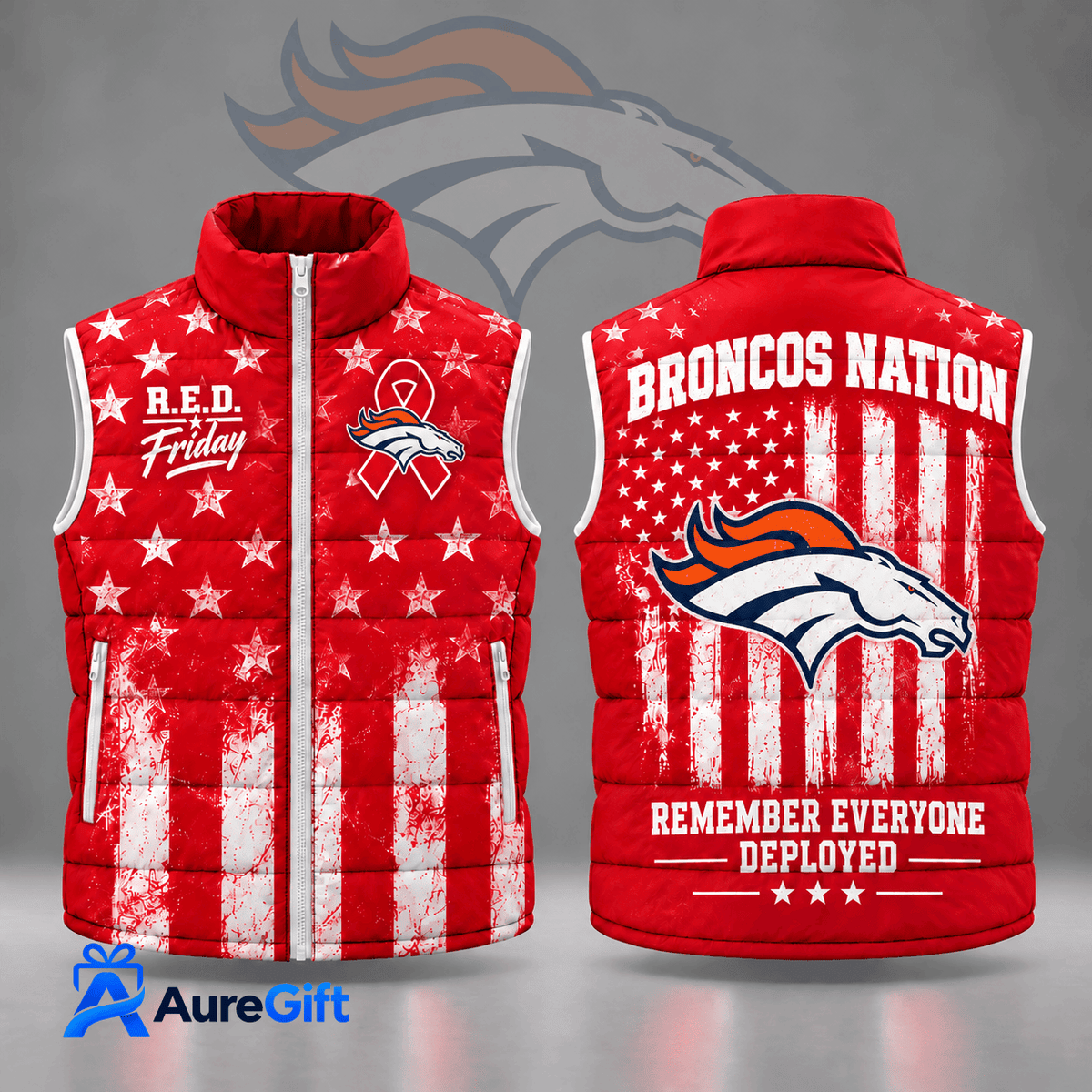 Denver Broncos | Premium NFL R.E.D. Friday Stars and Stripes Patriotic Tribute All Over Print Zip Up Puffer Vest NDN