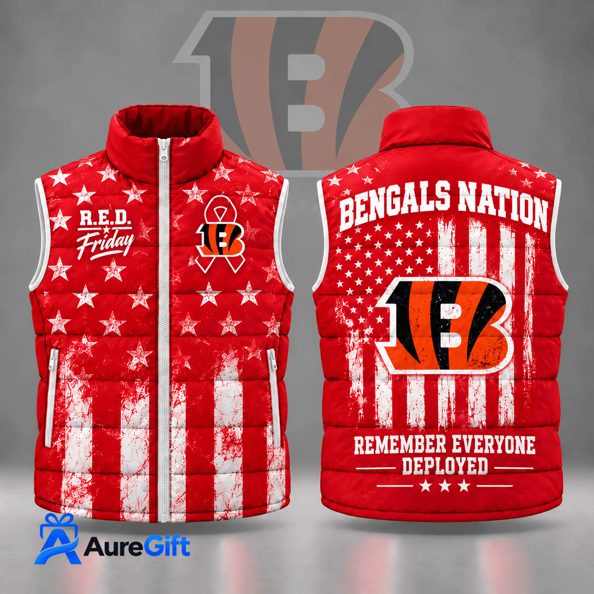 Cincinnati Bengals | Premium NFL R.E.D. Friday Stars and Stripes Patriotic Tribute All Over Print Zip Up Puffer Vest NDN