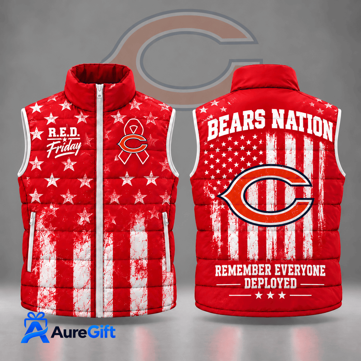 Chicago Bears | Premium NFL R.E.D. Friday Stars and Stripes Patriotic Tribute All Over Print Zip Up Puffer Vest NDN