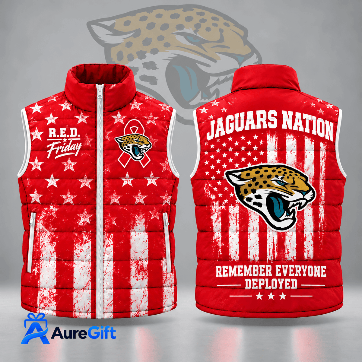 Jacksonville Jaguars | Premium NFL R.E.D. Friday Stars and Stripes Patriotic Tribute All Over Print Zip Up Puffer Vest NDN