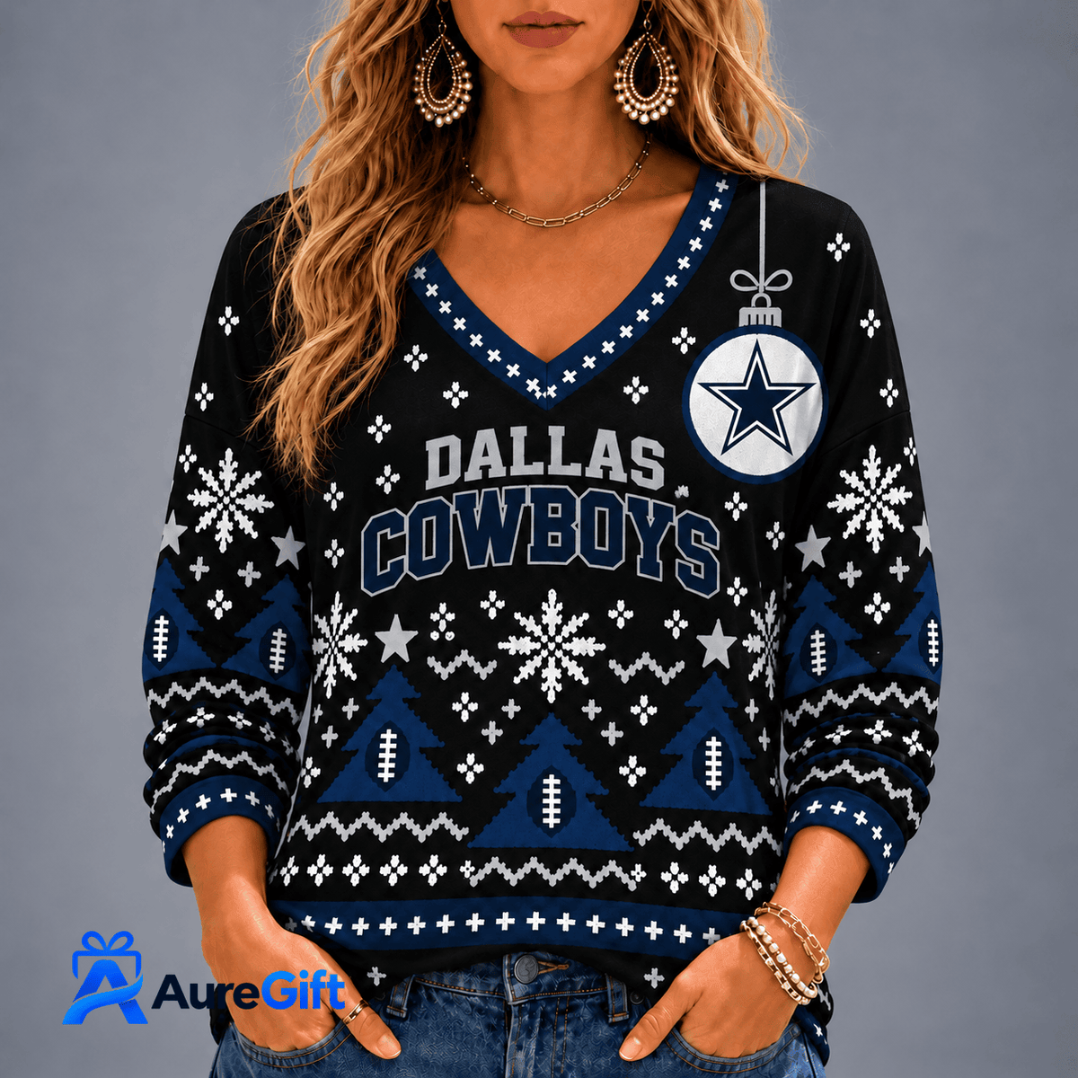 Dallas Cowboys NFL Christmas Personalized Name Women V-neck Long Sleeves Gift for Fans