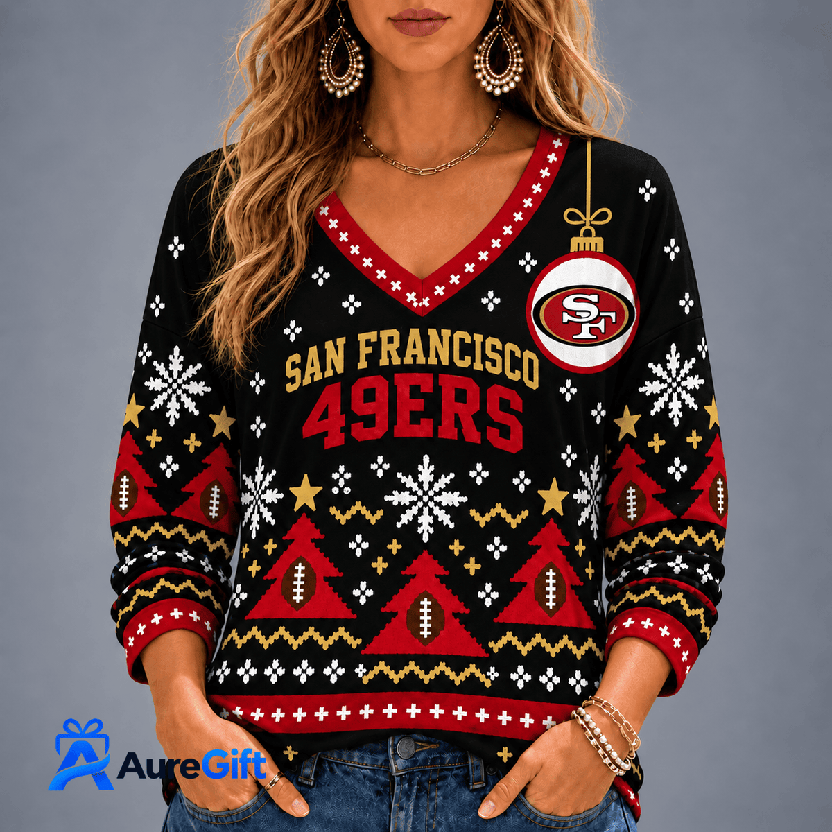San Francisco 49ers NFL Christmas Personalized Name Women V-neck Long Sleeves Gift for Fans