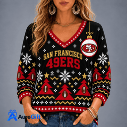 San Francisco 49ers NFL Christmas Personalized Name Women V-neck Long Sleeves Gift for Fans