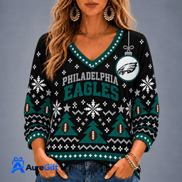 Philadelphia Eagles NFL Christmas Personalized Name Women V-neck Long Sleeves Gift for Fans
