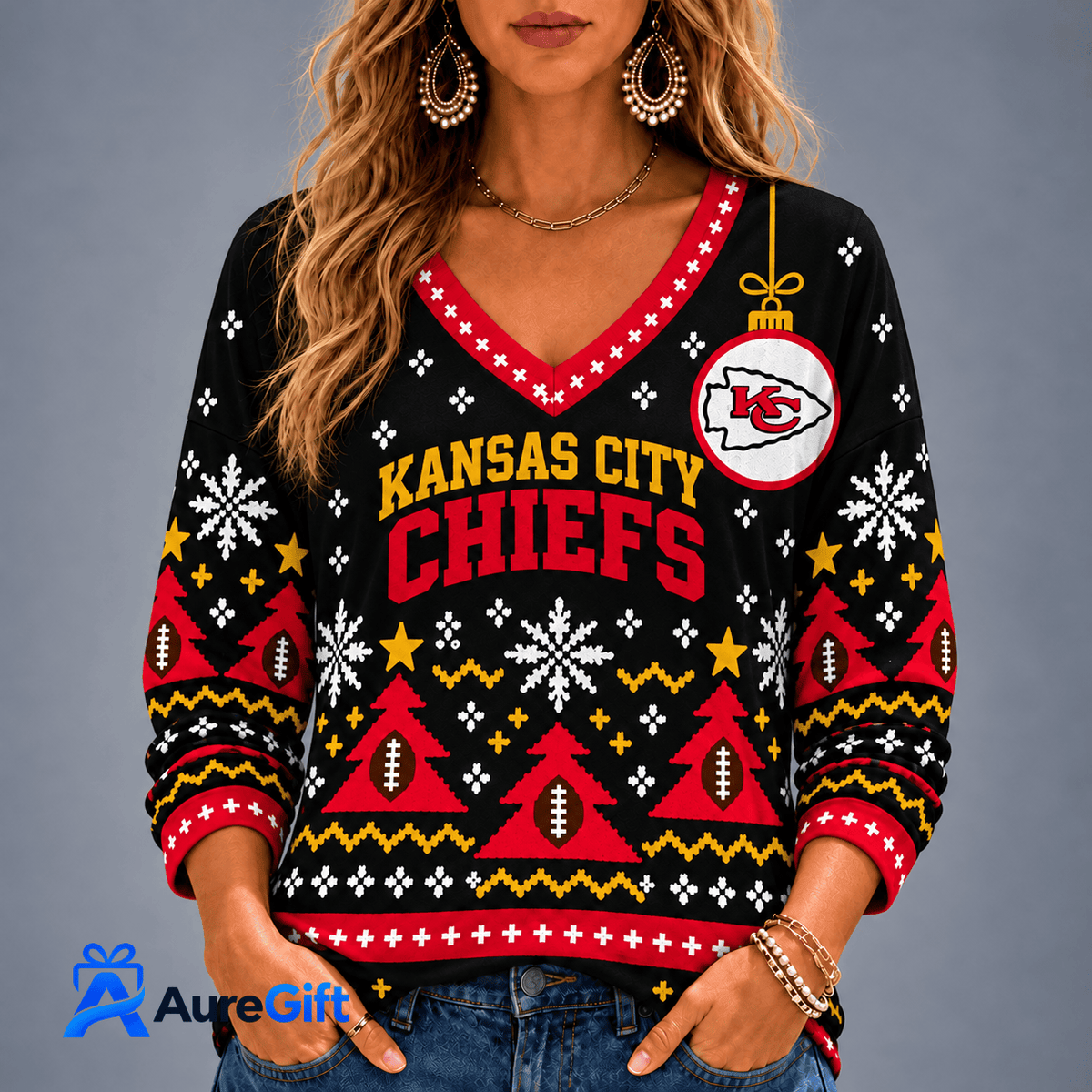 Kansas City Chiefs NFL Christmas Personalized Name Women V-neck Long Sleeves Gift for Fans