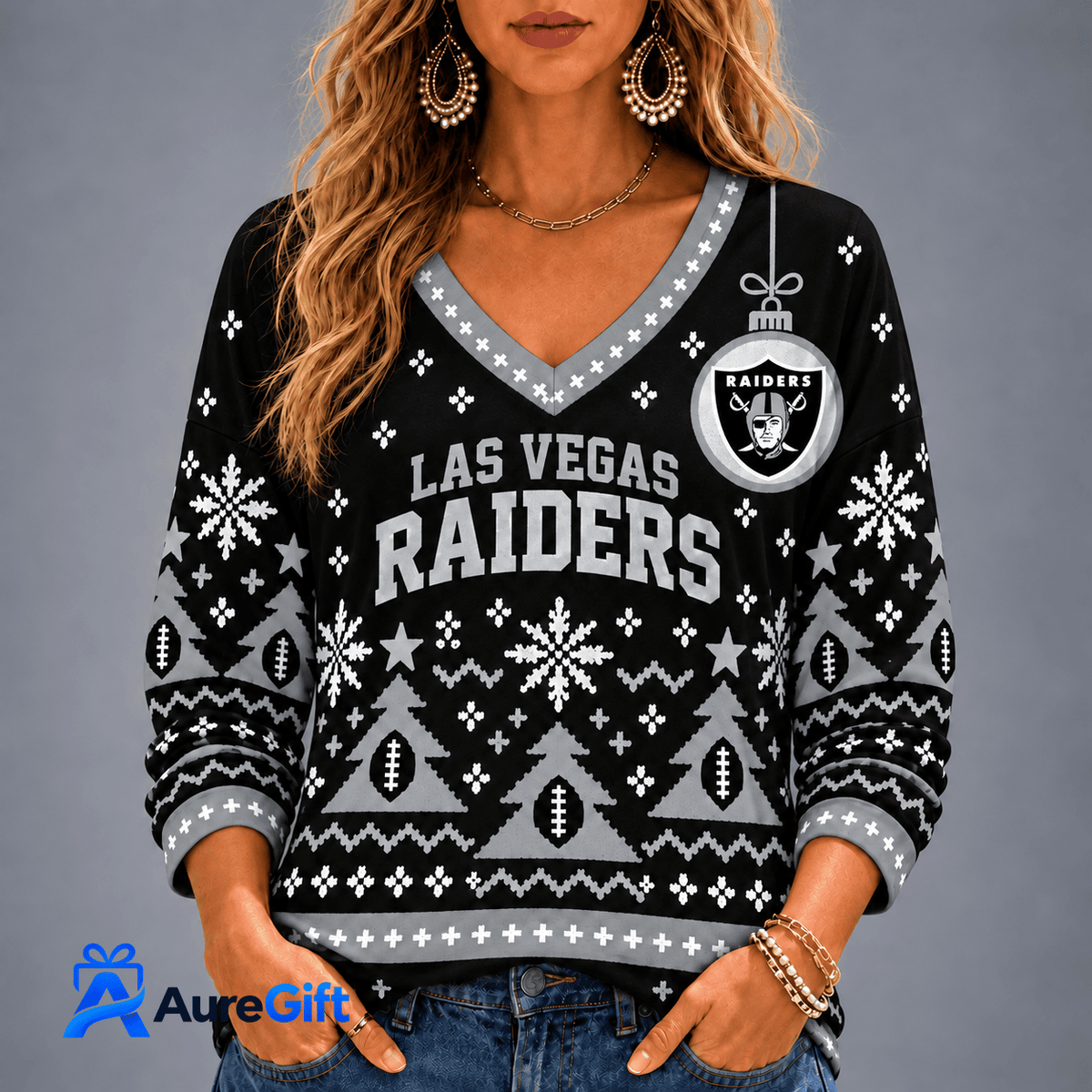 Las Vegas Raiders NFL Christmas Personalized Name Women V-neck Long Sleeves Gift for Fans