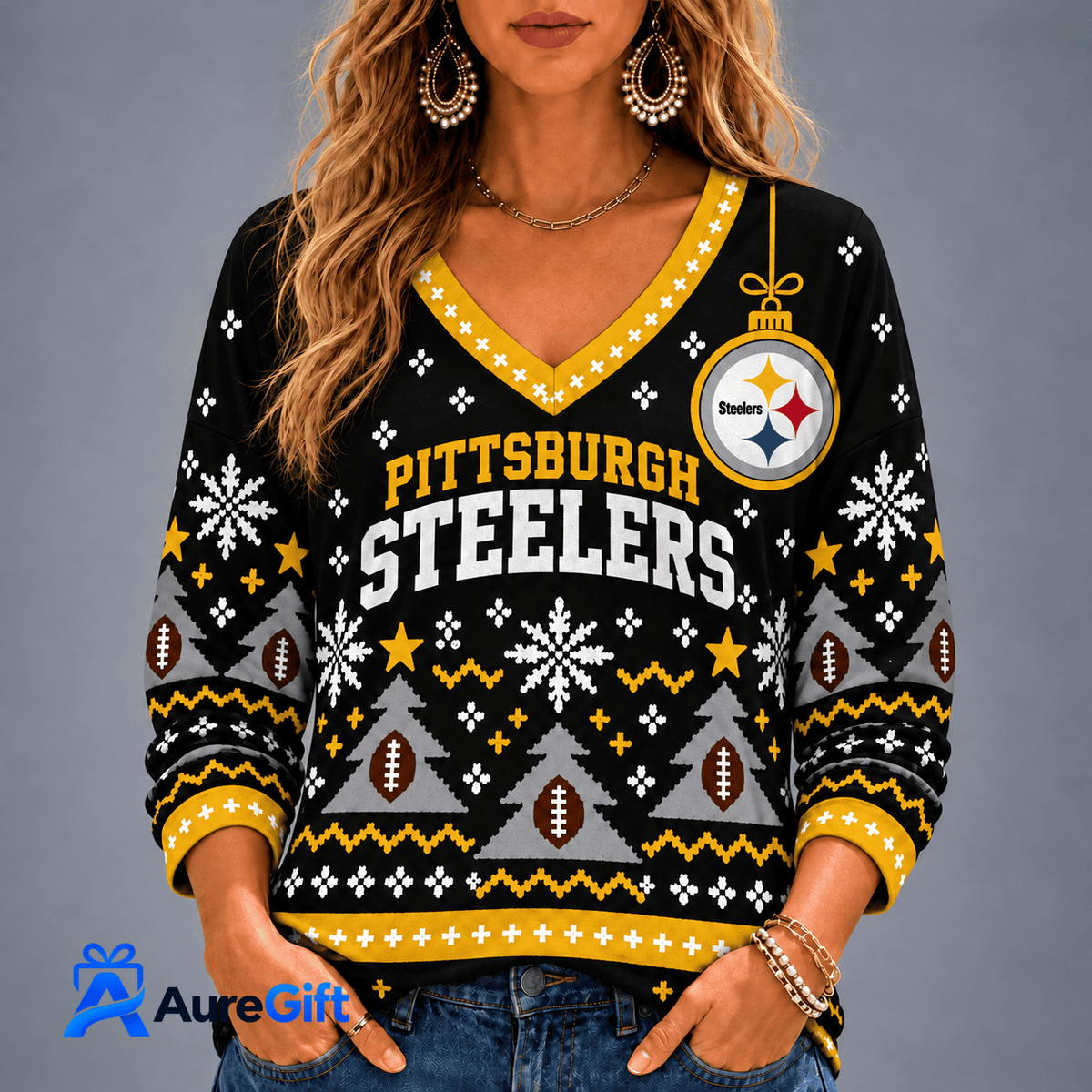 Pittsburgh Steelers NFL Christmas Personalized Name Women V-neck Long Sleeves Gift for Fans