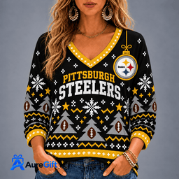 Pittsburgh Steelers NFL Christmas Personalized Name Women V-neck Long Sleeves Gift for Fans