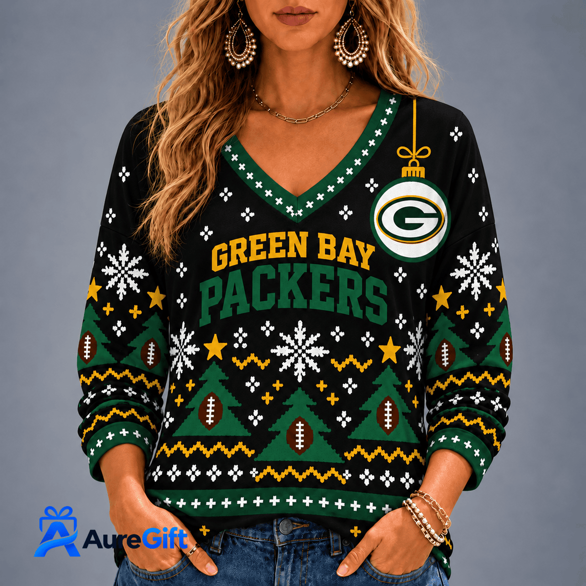 Green Bay Packers NFL Christmas Personalized Name Women V-neck Long Sleeves Gift for Fans