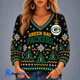 Green Bay Packers NFL Christmas Personalized Name Women V-neck Long Sleeves Gift for Fans