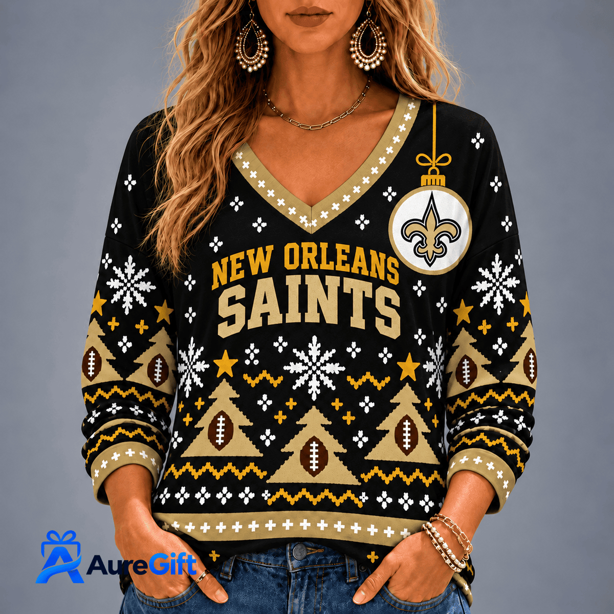 New Orleans Saints NFL Christmas Personalized Name Women V-neck Long Sleeves Gift for Fans