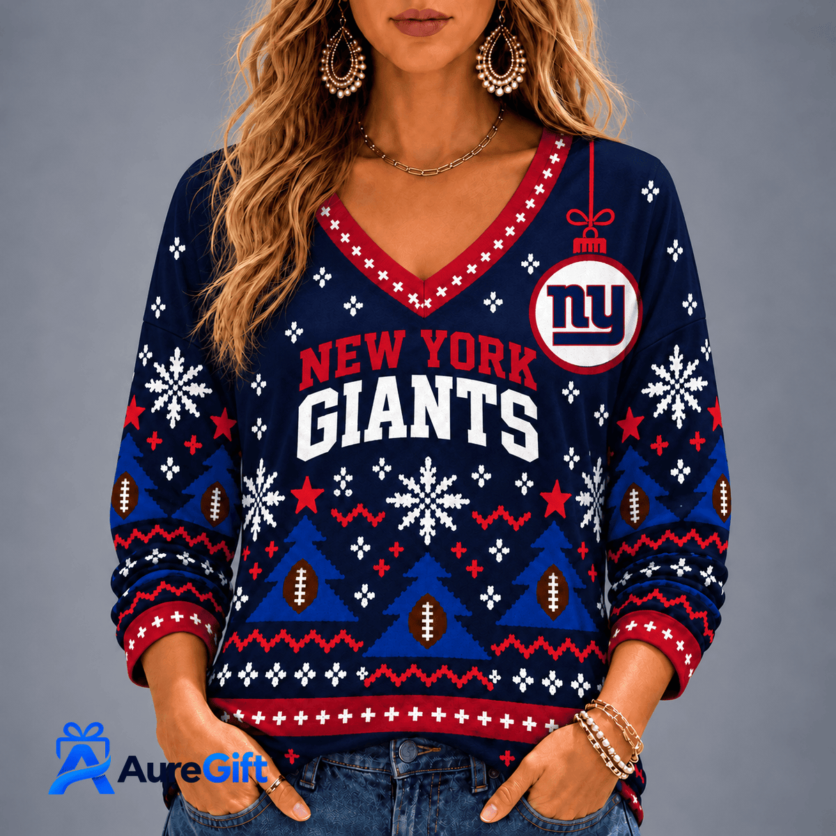 New York Giants NFL Christmas Personalized Name Women V-neck Long Sleeves Gift for Fans