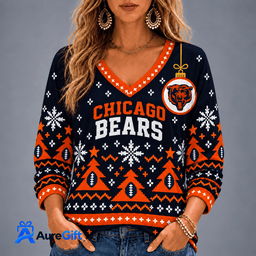 Chicago Bears NFL Christmas Personalized Name Women V-neck Long Sleeves Gift for Fans