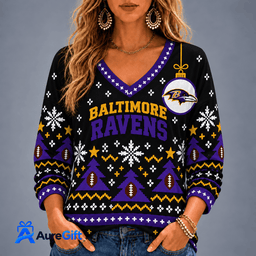 Baltimore Ravens NFL Christmas Personalized Name Women V-neck Long Sleeves Gift for Fans