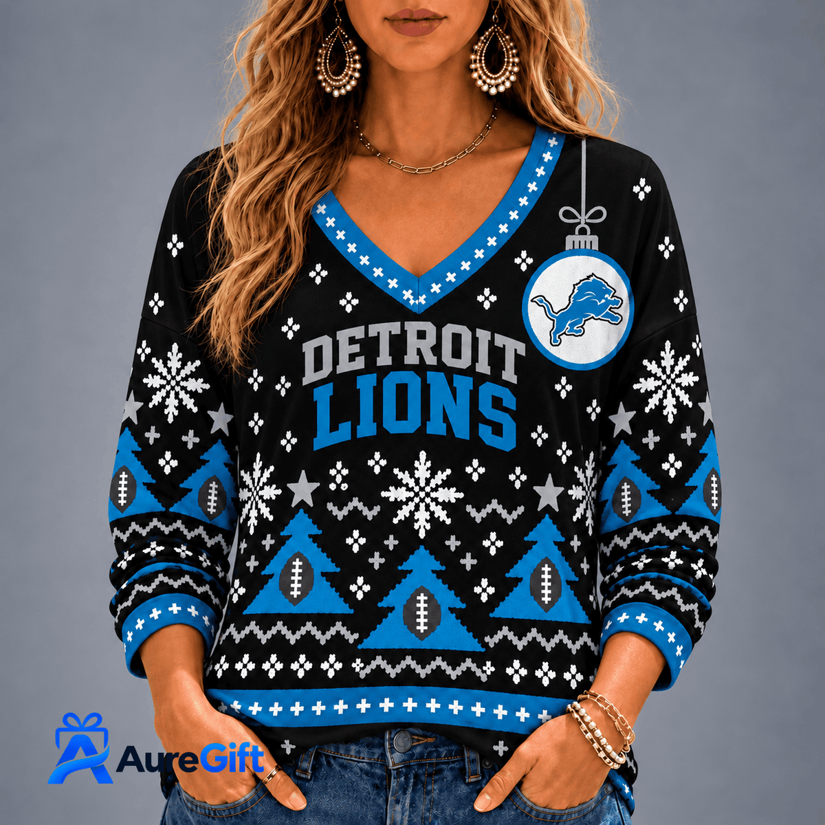 Detroit Lions NFL Christmas Personalized Name Women V-neck Long Sleeves Gift for Fans
