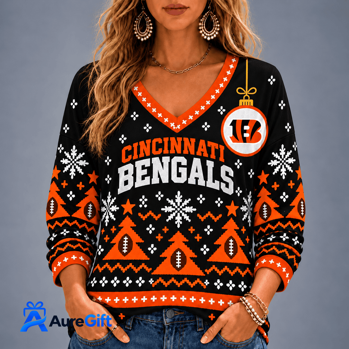 Cincinnati Bengals NFL Christmas Personalized Name Women V-neck Long Sleeves Gift for Fans