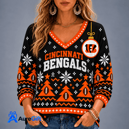 Cincinnati Bengals NFL Christmas Personalized Name Women V-neck Long Sleeves Gift for Fans