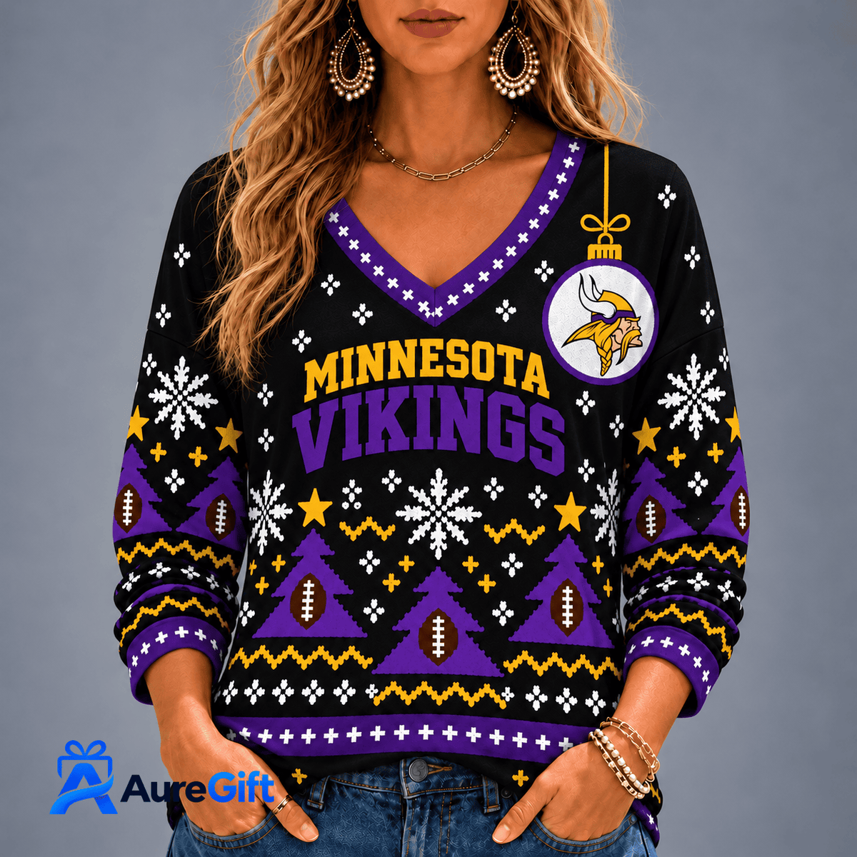 Minnesota Vikings NFL Christmas Personalized Name Women V-neck Long Sleeves Gift for Fans