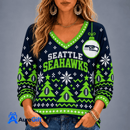 Seattle Seahawks NFL Christmas Personalized Name Women V-neck Long Sleeves Gift for Fans