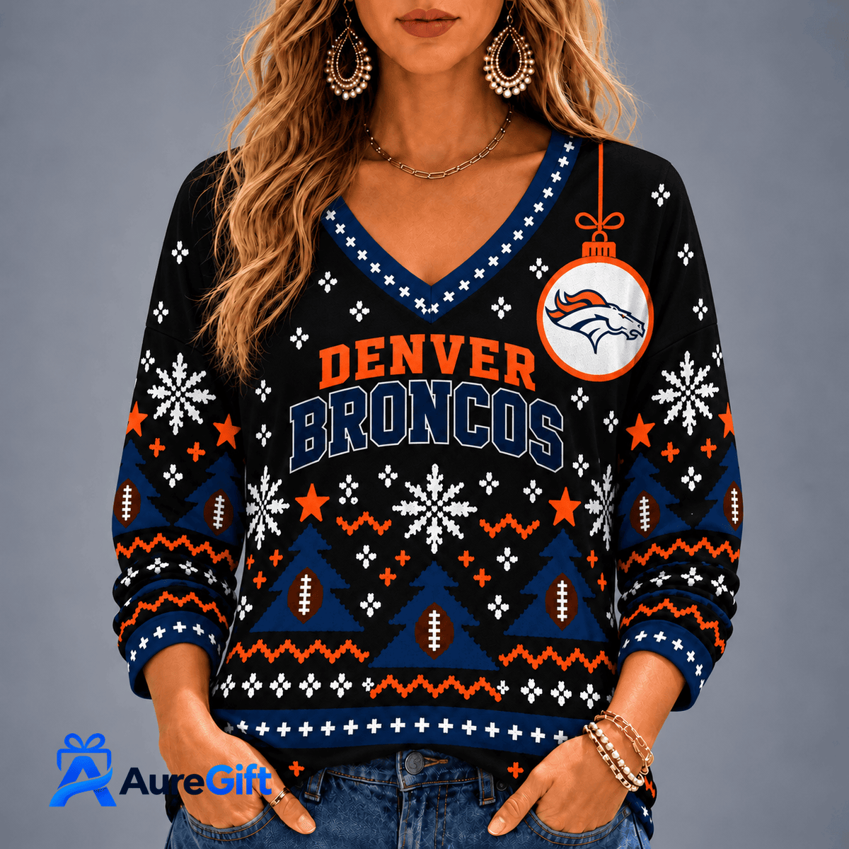 Denver Broncos NFL Christmas Personalized Name Women V-neck Long Sleeves Gift for Fans