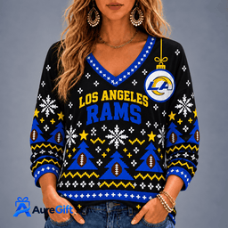 Los Angeles Rams NFL Christmas Personalized Name Women V-neck Long Sleeves Gift for Fans