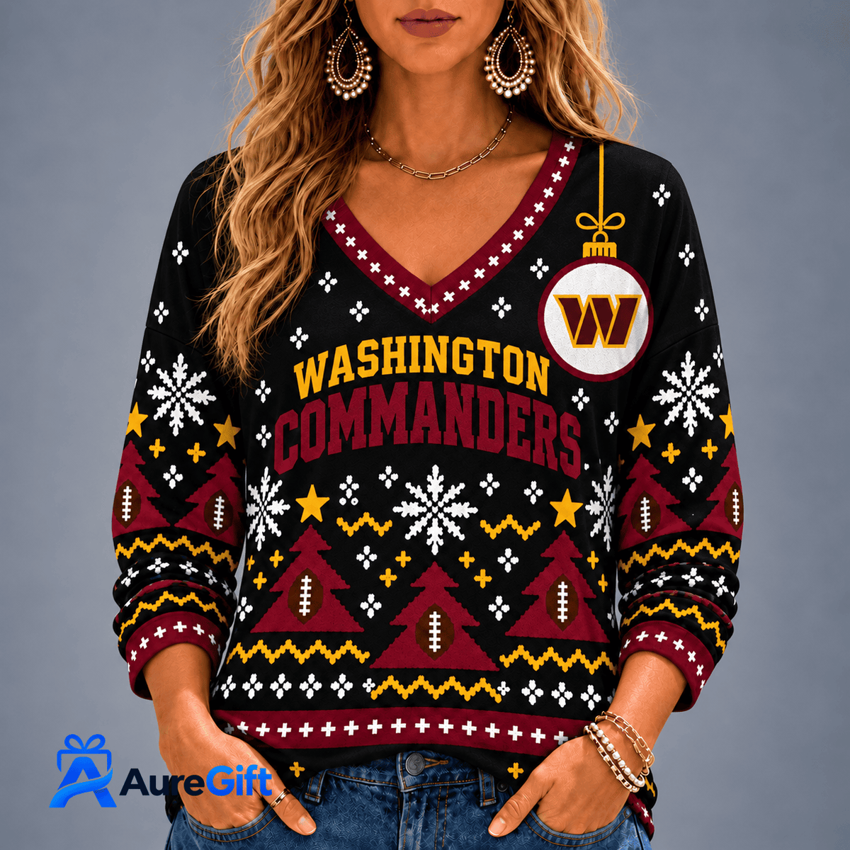 Washington Commanders NFL Christmas Personalized Name Women V-neck Long Sleeves Gift for Fans