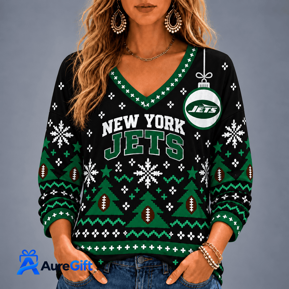 New York Jets NFL Christmas Personalized Name Women V-neck Long Sleeves Gift for Fans