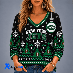 New York Jets NFL Christmas Personalized Name Women V-neck Long Sleeves Gift for Fans