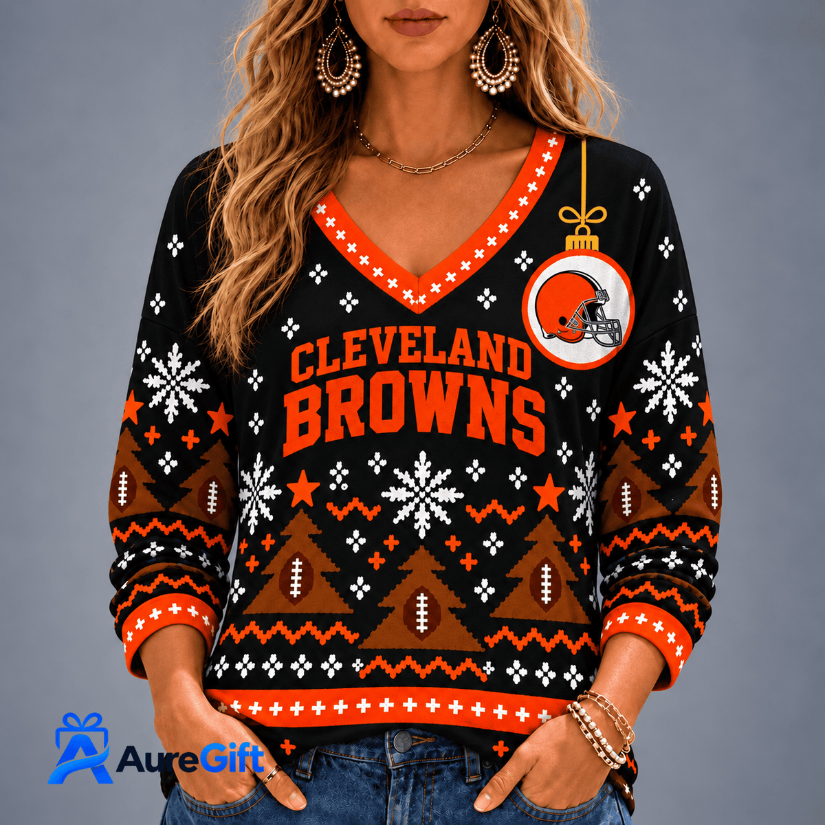 Cleveland Browns NFL Christmas Personalized Name Women V-neck Long Sleeves Gift for Fans
