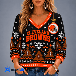 Cleveland Browns NFL Christmas Personalized Name Women V-neck Long Sleeves Gift for Fans