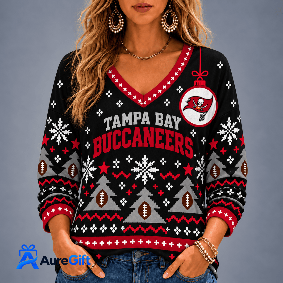 Tampa Bay Buccaneers NFL Christmas Personalized Name Women V-neck Long Sleeves Gift for Fans