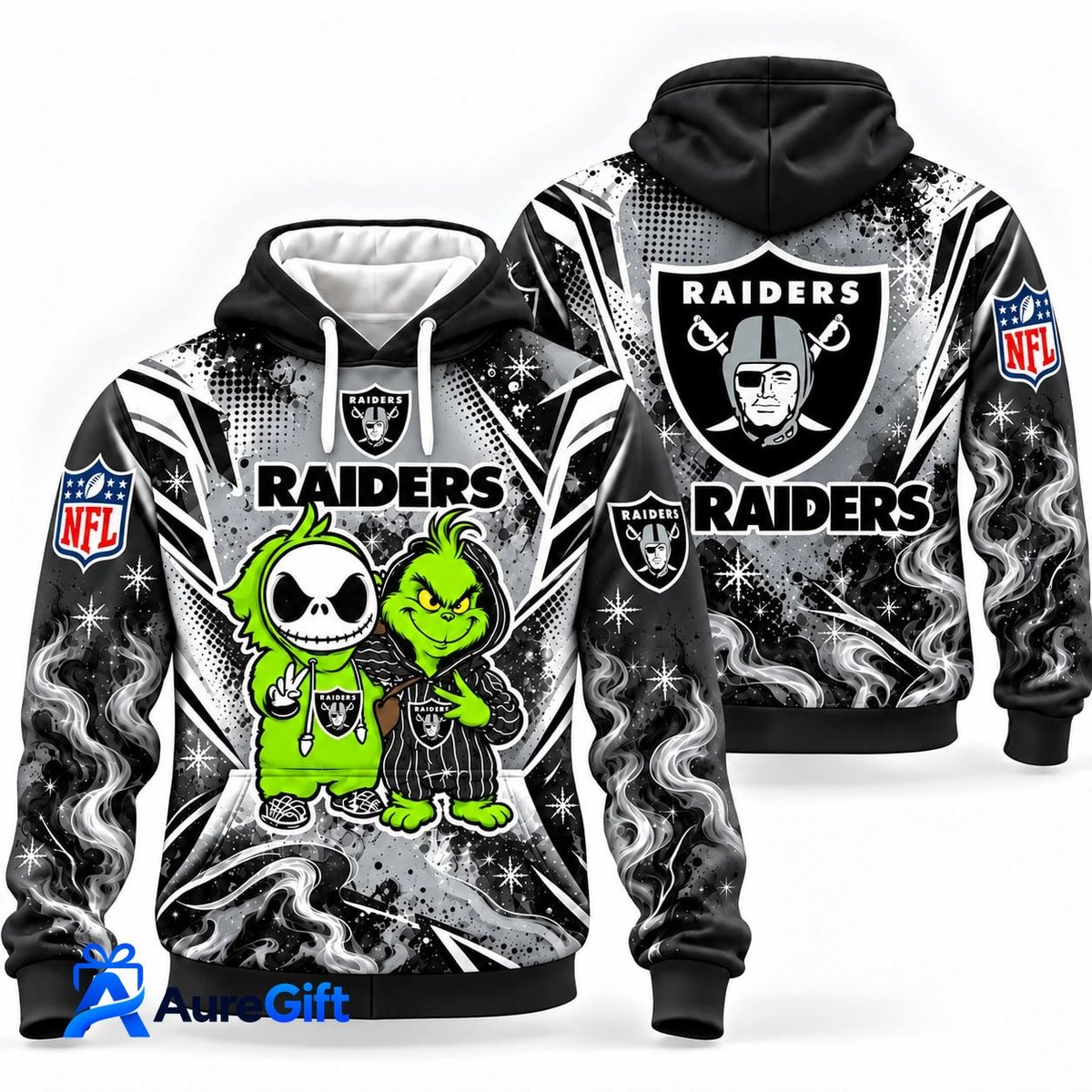 Las Vegas Raiders Grinch & Jack Skellington NFL Hoodie – Adult & Kids