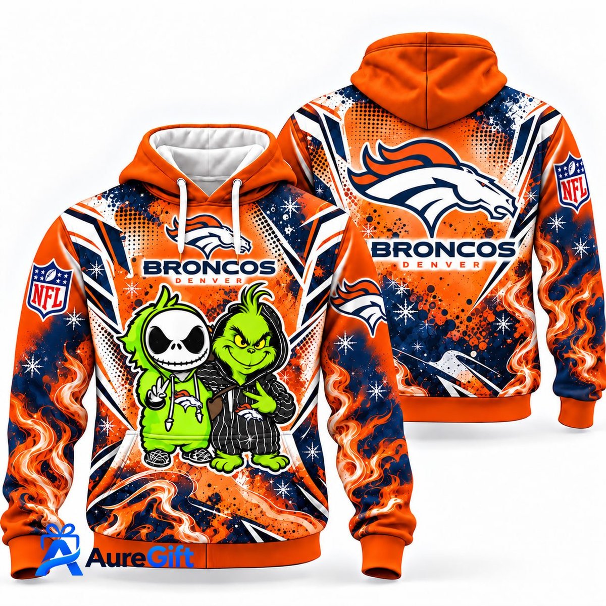 Denver Broncos Grinch & Jack Skellington NFL Hoodie – Adult & Kids