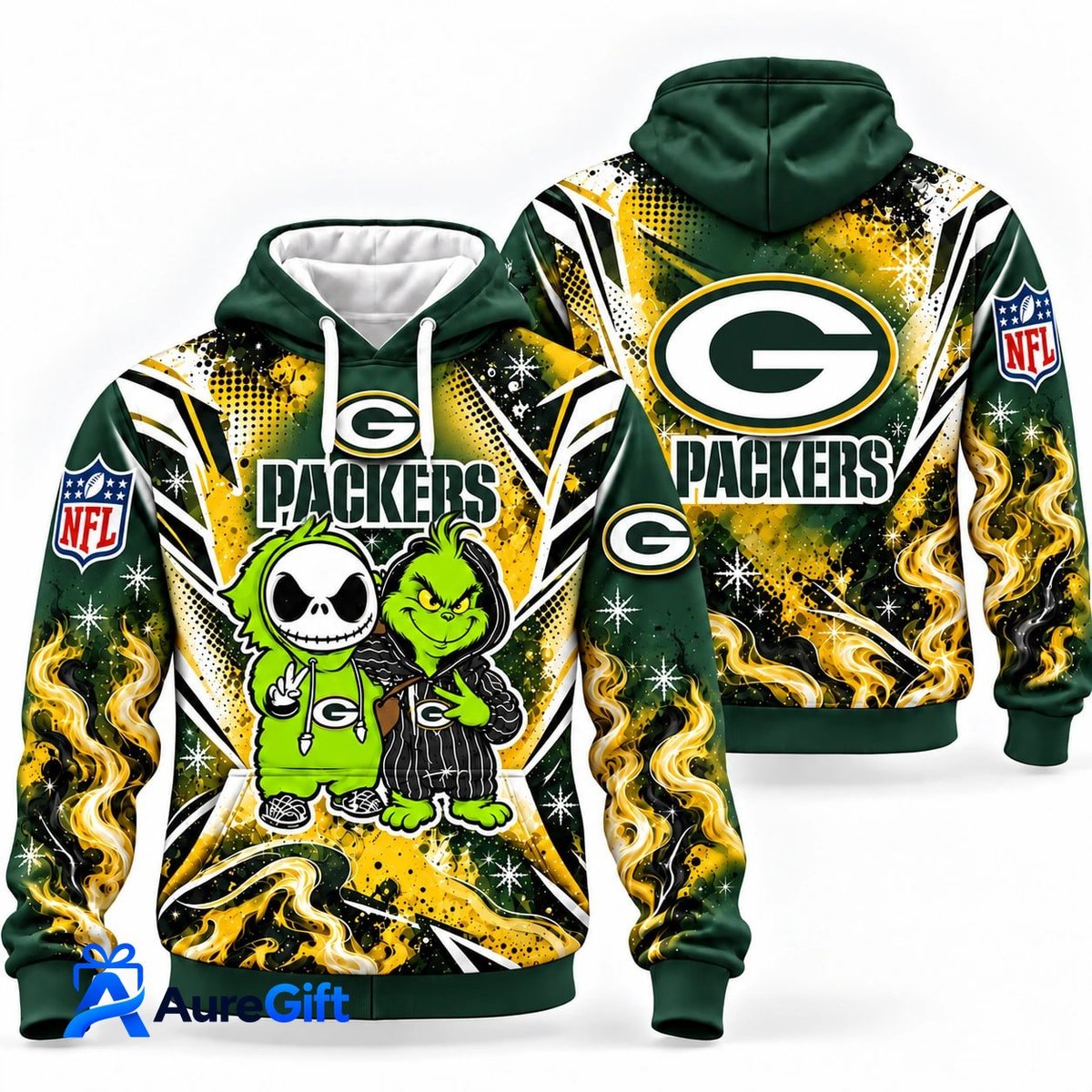 Green Bay Packers Grinch & Jack Skellington NFL Hoodie – Adult & Kids