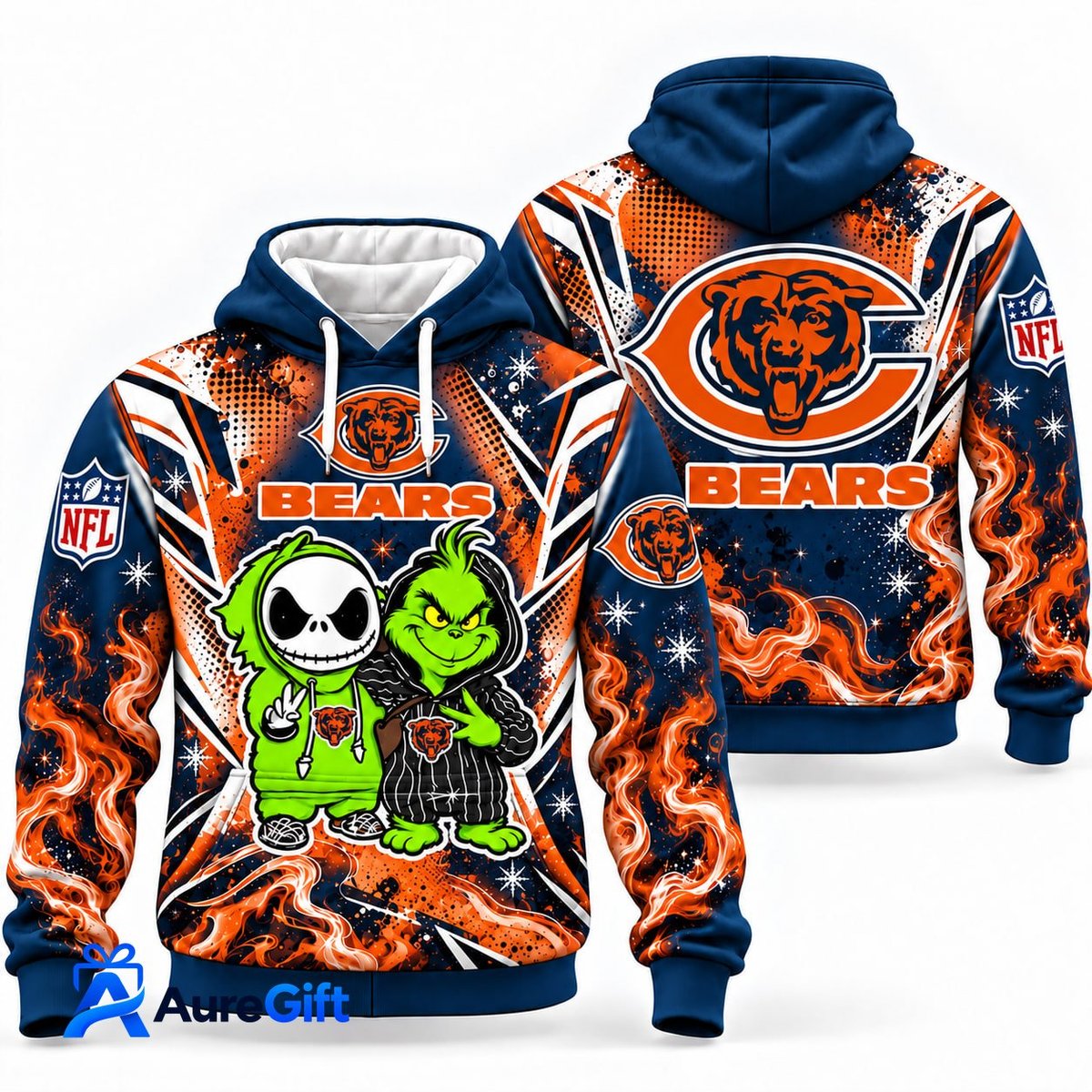 Chicago Bears Grinch & Jack Skellington NFL Hoodie – Adult & Kids