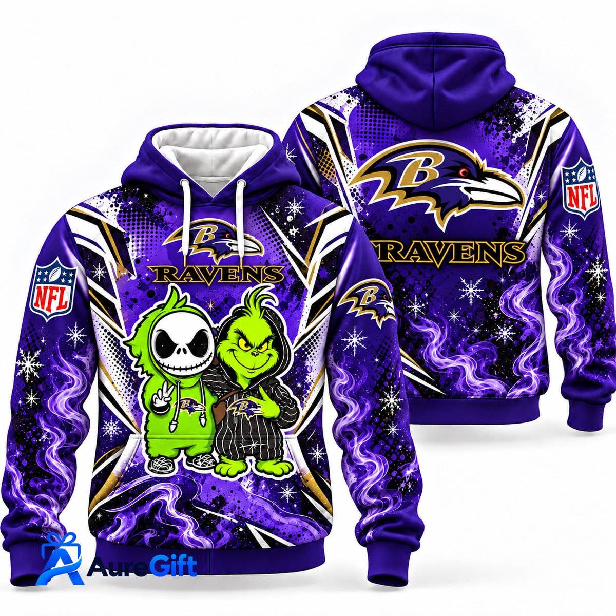 Baltimore Ravens Grinch & Jack Skellington NFL Hoodie – Adult & Kids
