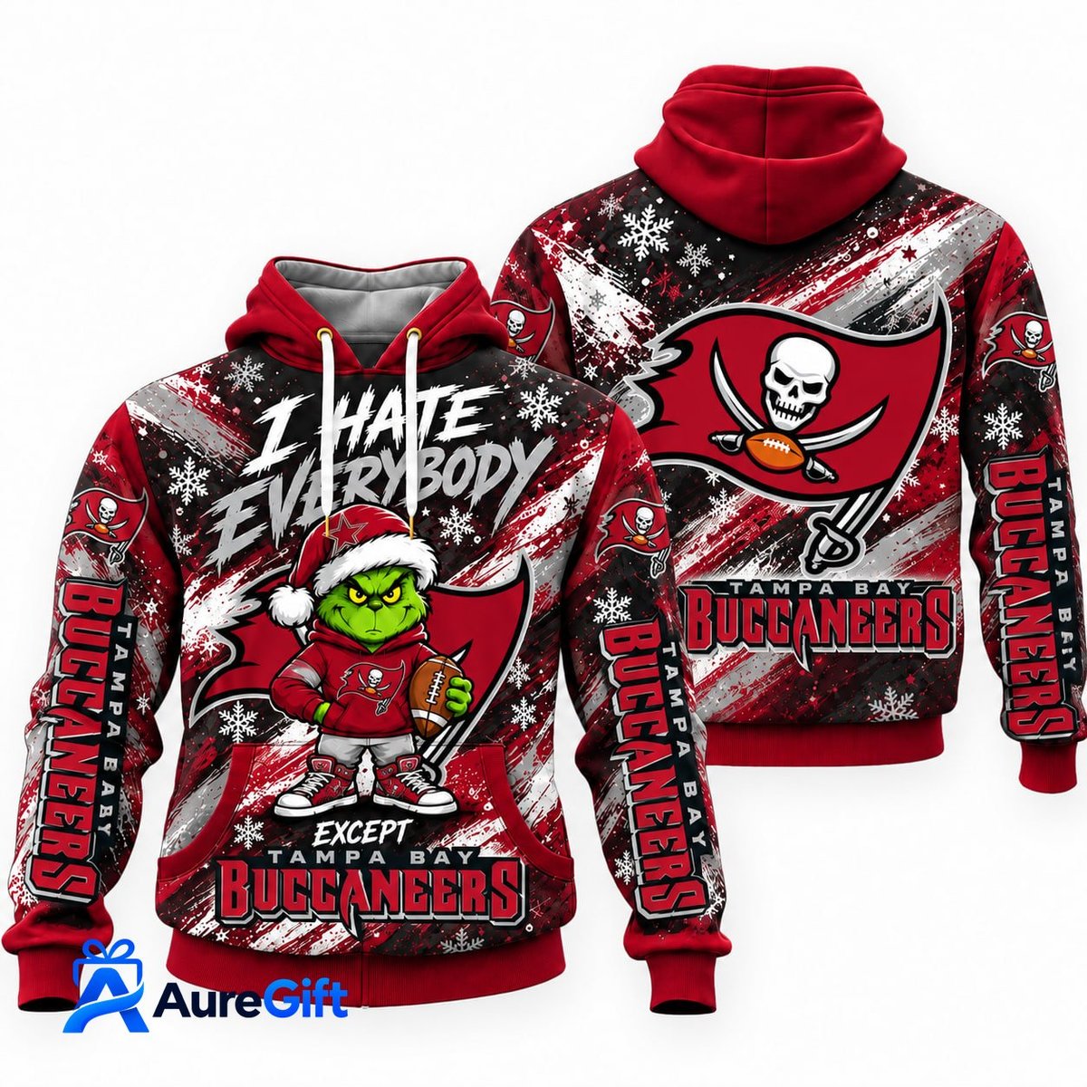 Tampa Bay Buccaneers Grinch Christmas Hoodie – I Hate Everybody Except Buccaneers, NFL Fan Gift