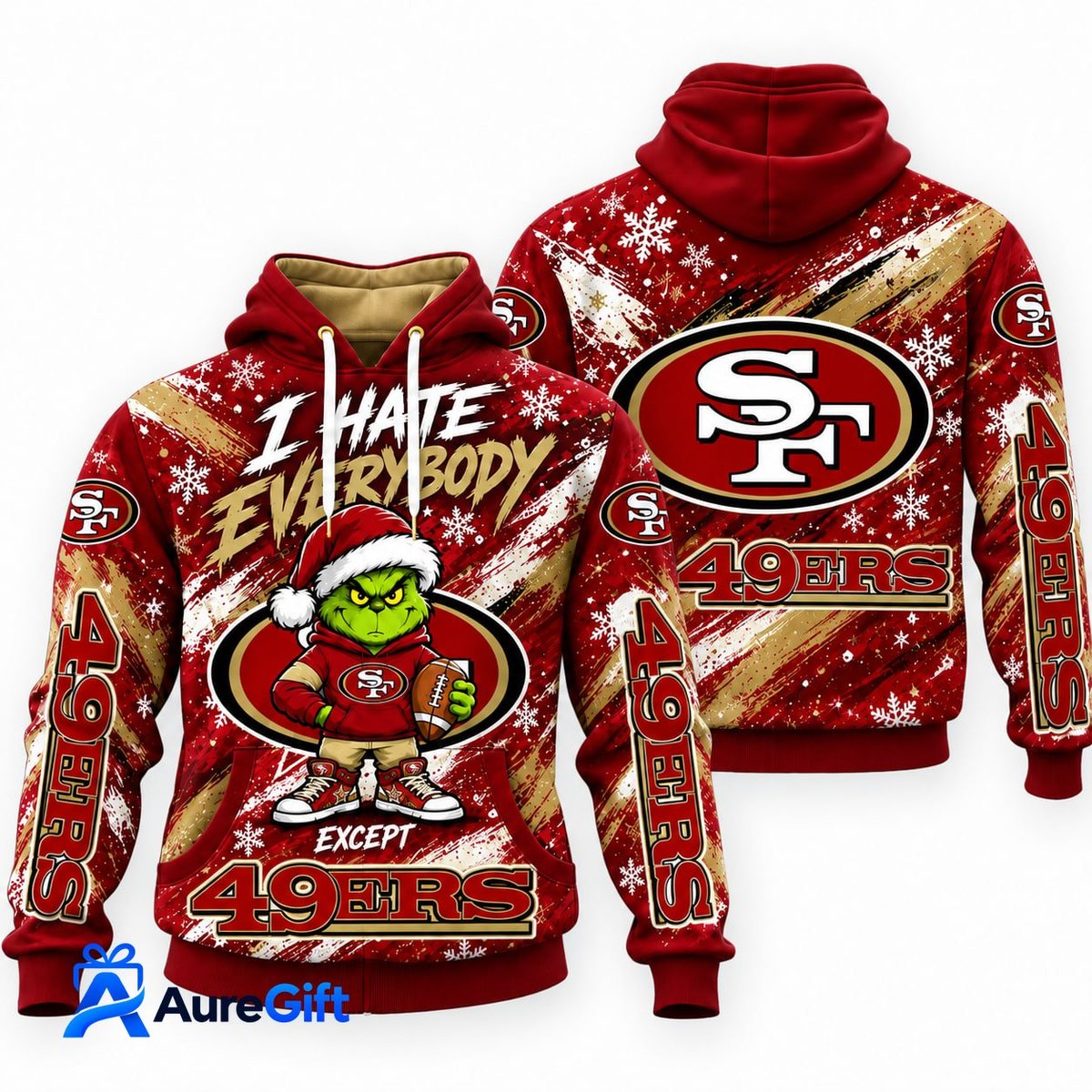 San Francisco 49ers Grinch Christmas Hoodie – I Hate Everybody Except 49ers, NFL Fan Gift