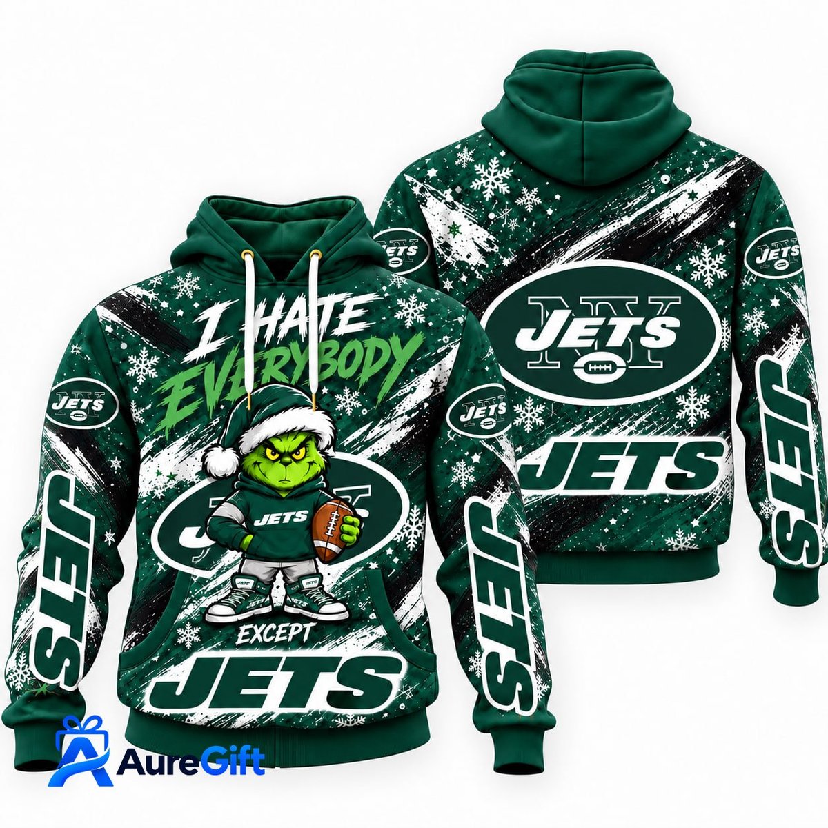 New York Jets Grinch Christmas Hoodie – I Hate Everybody Except Jets, NFL Fan Gift