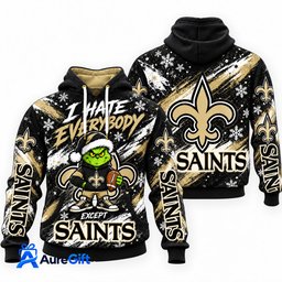 New Orleans Saints Grinch Christmas Hoodie – I Hate Everybody Except Saints, NFL Fan Gift