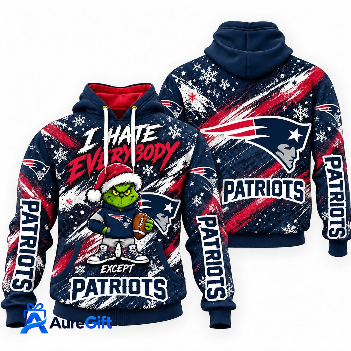 New England Patriots Grinch Christmas Hoodie – I Hate Everybody Except Patriots, NFL Fan Gift