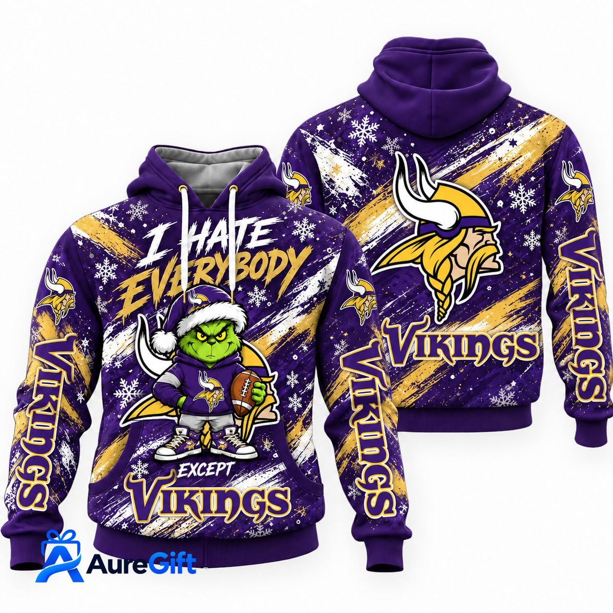 Minnesota Vikings Grinch Christmas Hoodie – I Hate Everybody Except Vikings, NFL Fan Gift