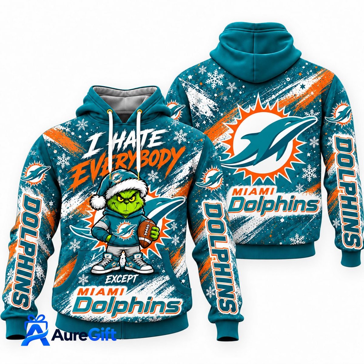 Miami Dolphins Grinch Christmas Hoodie – I Hate Everybody Except Dolphins, NFL Fan Gift