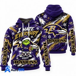 Baltimore Ravens Grinch Christmas Hoodie – I Hate Everybody Except Ravens, NFL Fan Gift