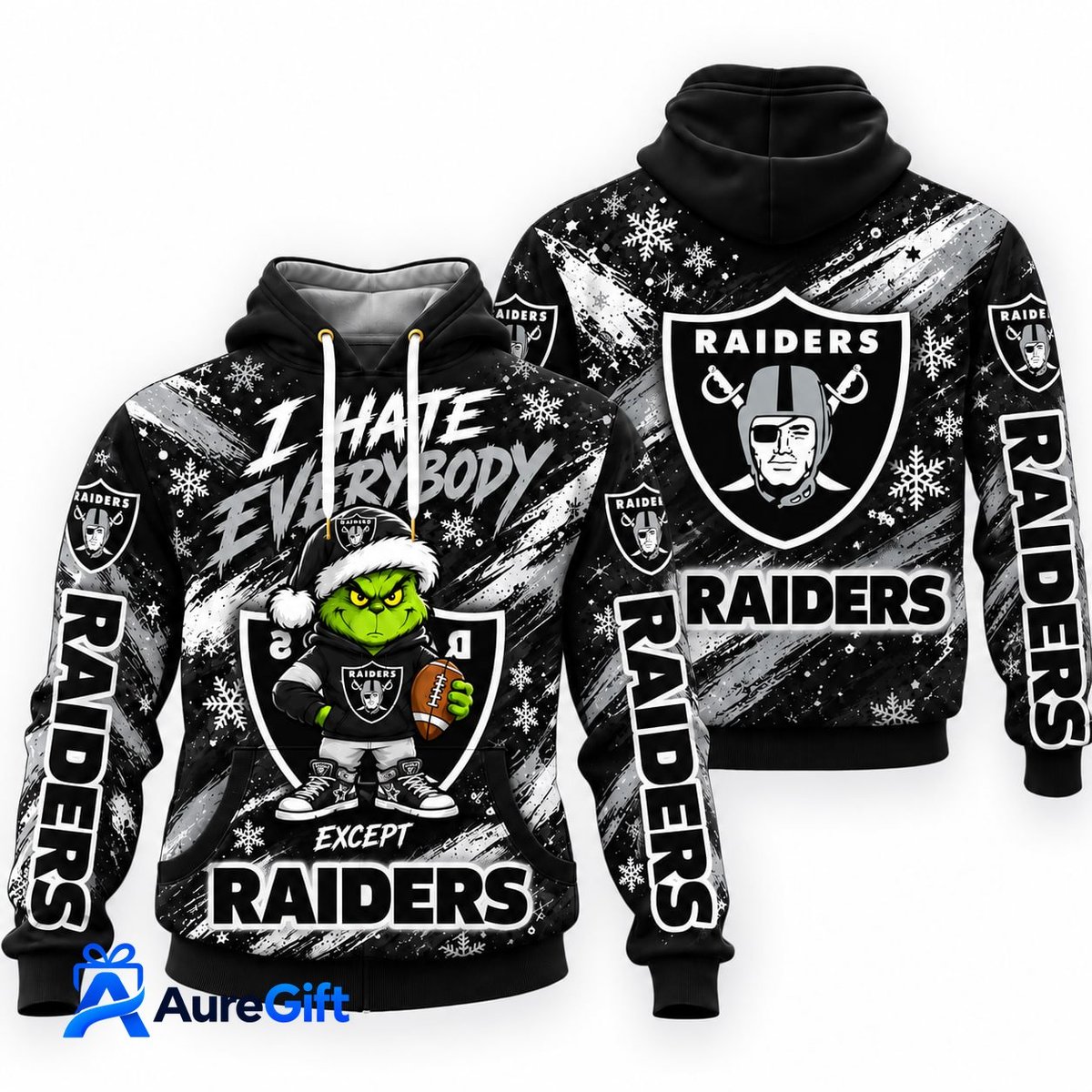 LAS VEGAS RAIDERS Grinch Christmas Hoodie – I Hate Everybody Except Raiders, NFL Fan Gift