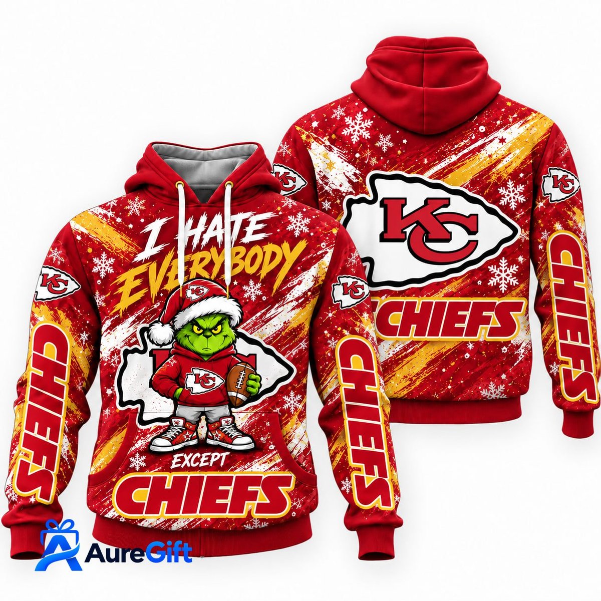 Kansas City Chiefs Grinch Christmas Hoodie – I Hate Everybody Except Chiefs, NFL Fan Gift