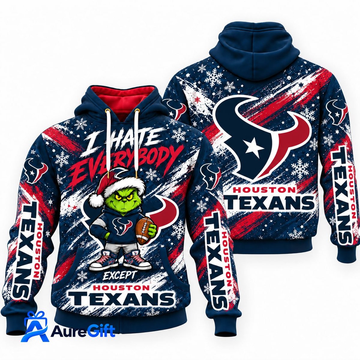 Houston Texans Grinch Christmas Hoodie – I Hate Everybody Except Texans, NFL Fan Gift