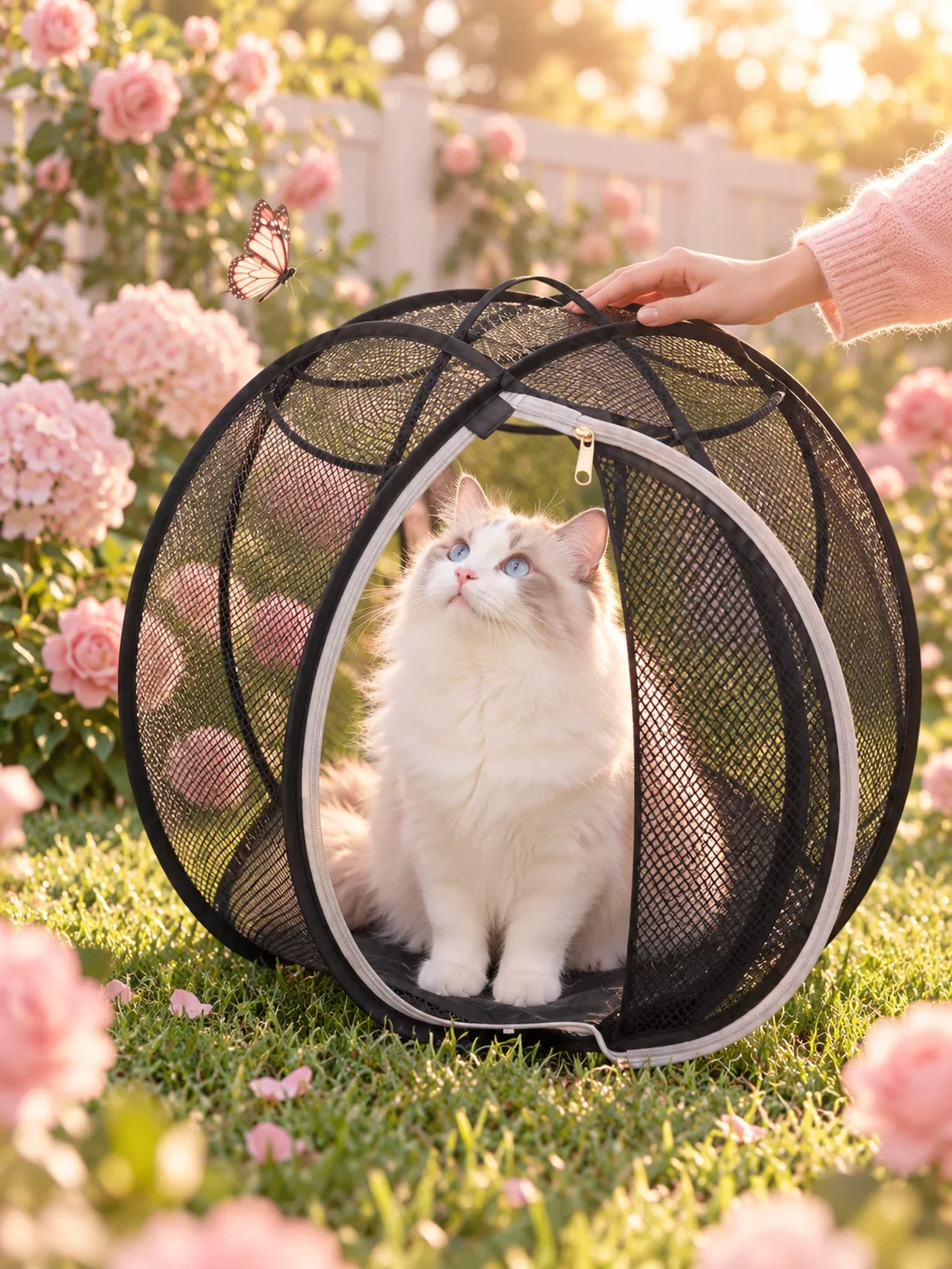 Ragdoll cat sitting in the Purrbble in a pink rose garden