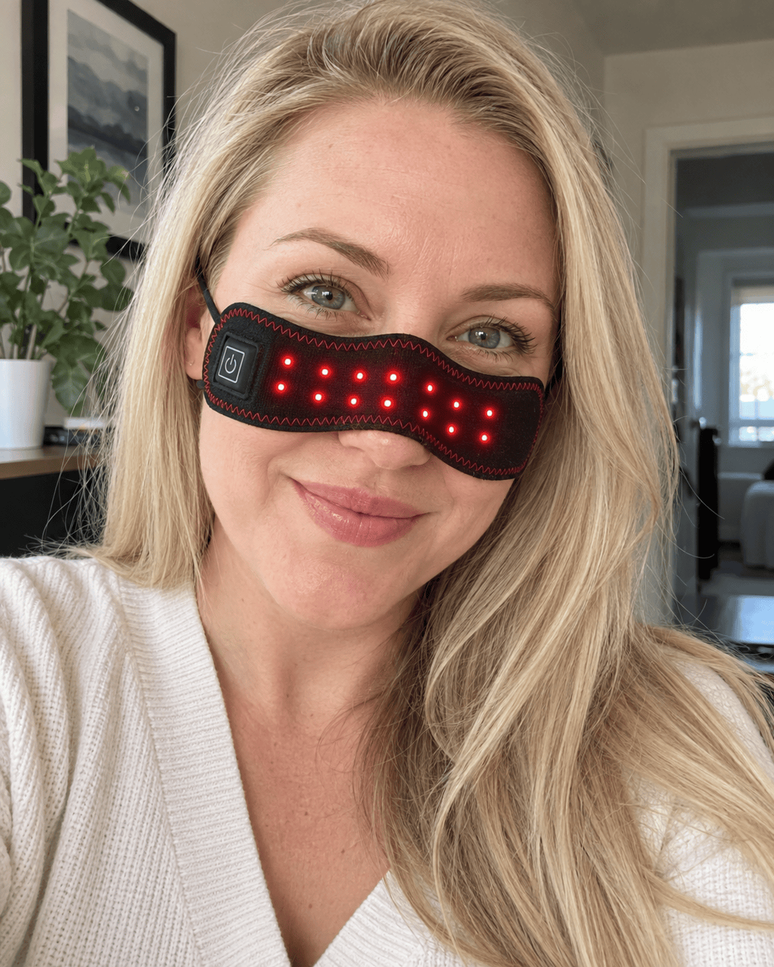 Close view of the nose warmer worn at home