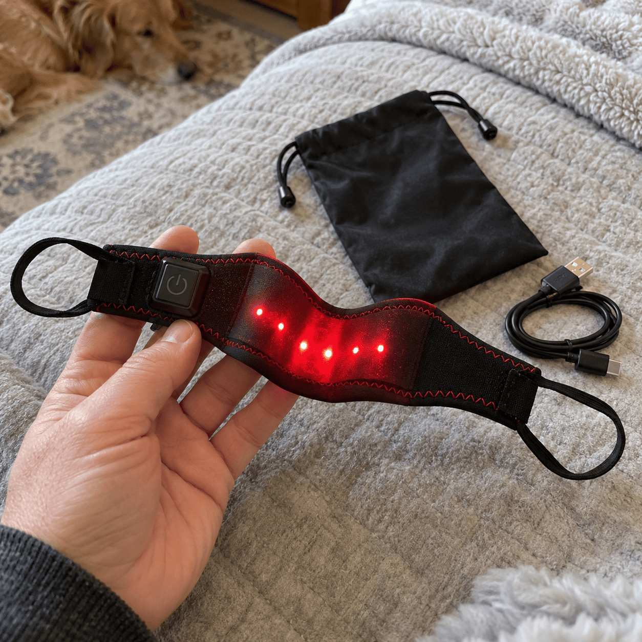 Nose warmer with USB-C charging cable and storage pouch